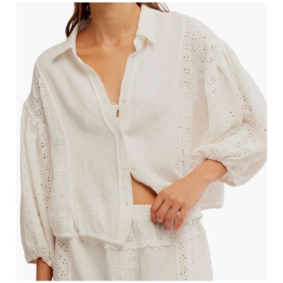 Free People Intimately Full Bloom Shirt Blouse Womens Size Medium Ivory Eyelet - Picture 2 of 14